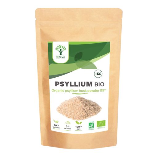 Psyllium Blond Bio - Bioptimal - Complément Alimentaire - Teguments De Psyllium En Poudre - Superaliment - Digestion Transit Coupe Faim - Origine Inde - Conditionné En France - Certifié Ecocert - 1kg 