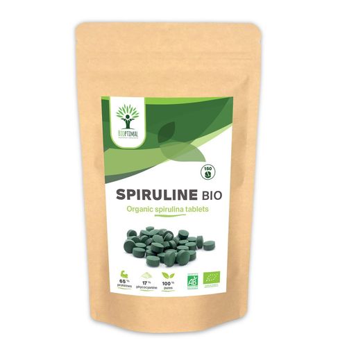 Spiruline Bio - Bioptimal - Complément Alimentaire - Bcaa Fer Vitamine A - 65% De Protéine - 17% De Phycocyanine - 500 Mg / Comprimé - Conditionnée En France - Certification Ecocert - 150 Comprimés 