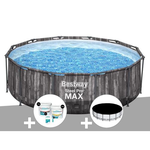 Kit piscine tubulaire ronde Bestway Steel Pro Max décor bois 3,66 x 1,00 m + Kit de traitement au chlore + Bâche de protection