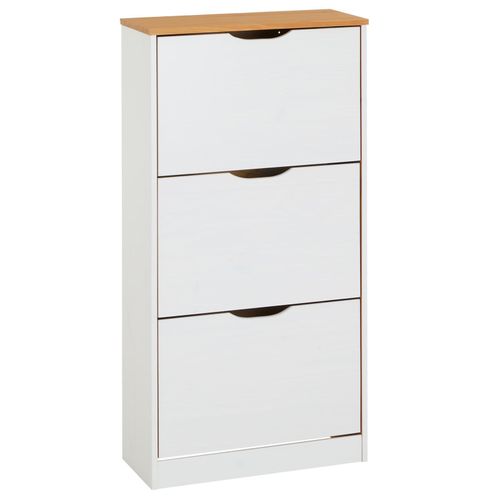 Meuble À Chaussures Basil Armoire Avec 3 Abattants Rangement Pour 18 Paires, Pin Massif Lasuré Blanc Et Brun, Style Campagne