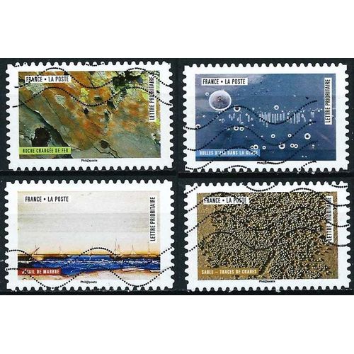 France 2018, Oeuvres De La Nature, Beaux Timbres Yvert 1503 Détail De Marbre, 1506 Sable, Traces De Crabes, 1507 Bulles D'air Dans La Glace, 1509 Roche Chargée De Fer, Obli. Tbe -