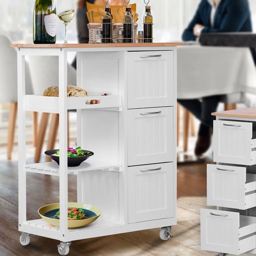 Miadomodo® Chariot De Cuisine À Roulettes - En Bois, 67x37x87,5 Cm, 3 Tiroirs, 3 Étagères - Desserte Roulante, Meuble De Rangement