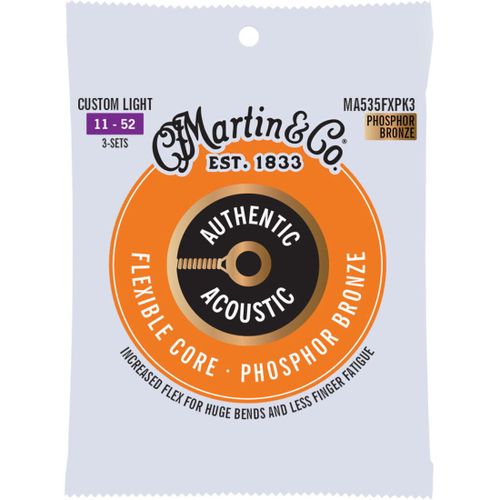 Martin Strings Ma535fxpk3 Flexible Core Phosphor Bronze 3-Pack Custom Light 11-52 Jeux De Cordes Pour Guitare Folk (Lot De 3)