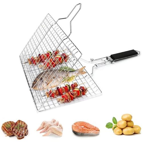 Panier Grille pour Barbecue, paniers à grillades en acier inoxydable, Poignée amovible, support de barbecue portable pour l'extérieur