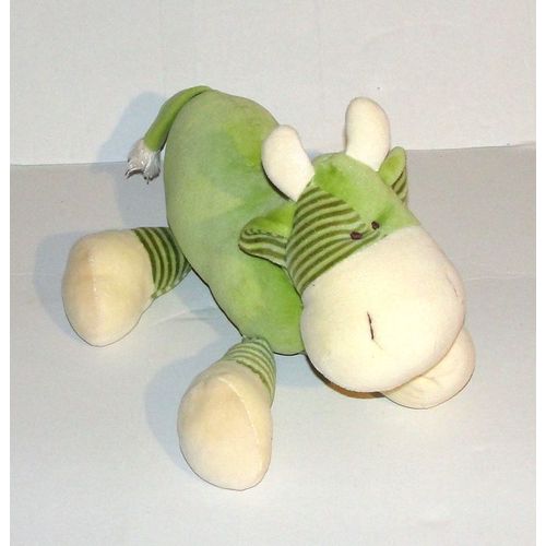 Doudou Vache Verte Rayé Dpam - Peluche Vache Grelot 26 Cm