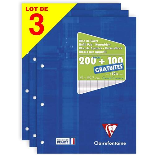 Clairefontaine Lot De 3 Blocs De Cours A4 Séyès 200 Pages + 100 Gratuites Blanc