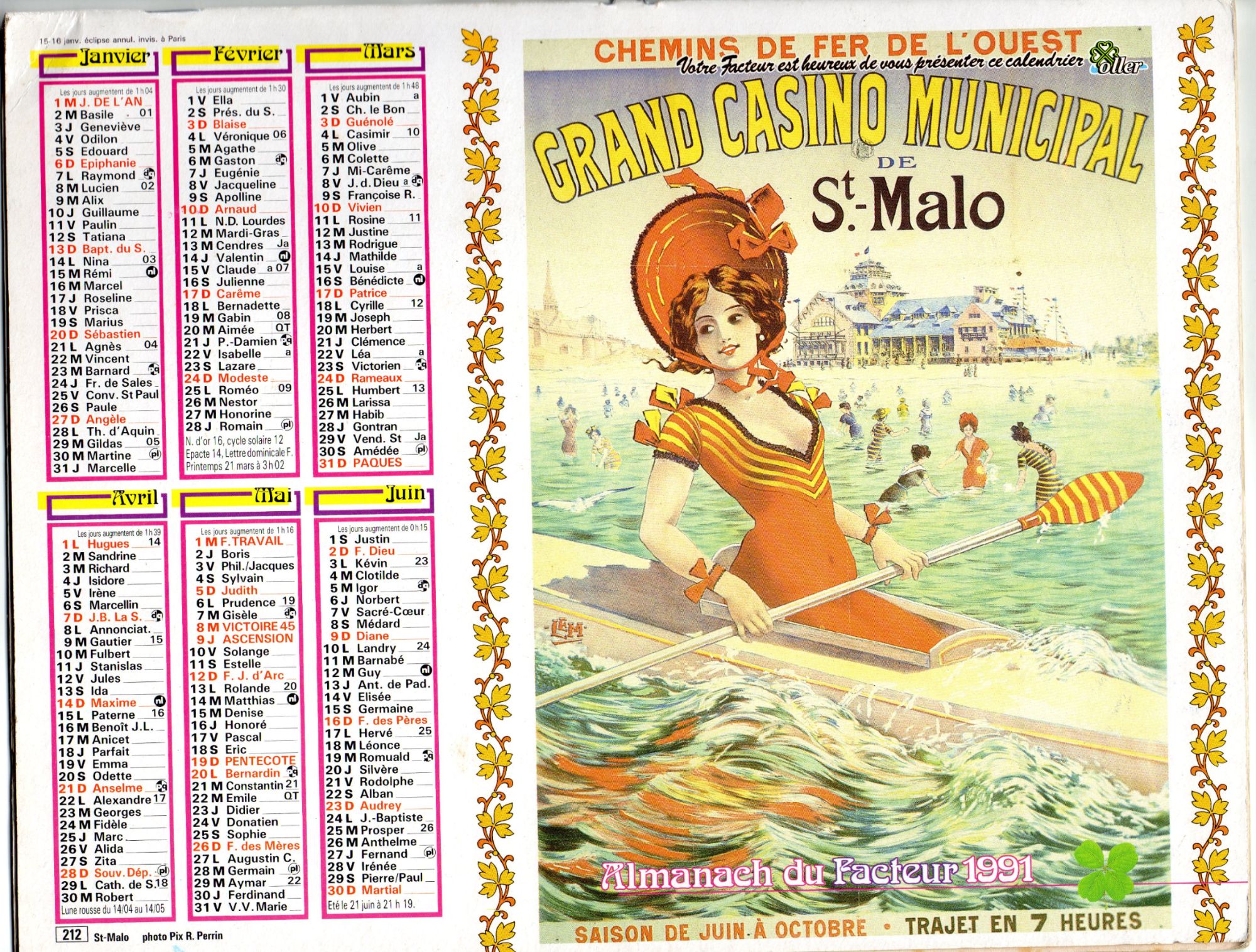 Almanach Du Facteur 1991 Theme Villes Touristiques : Grand Casino Municipal De Saint Malo Et Menton