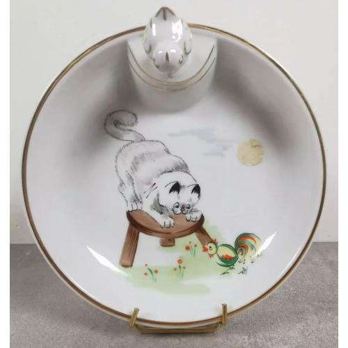 Assiette Chauffante Bouillie Bebe Porcelaine Limoges Decor Main Chat Vintage P3