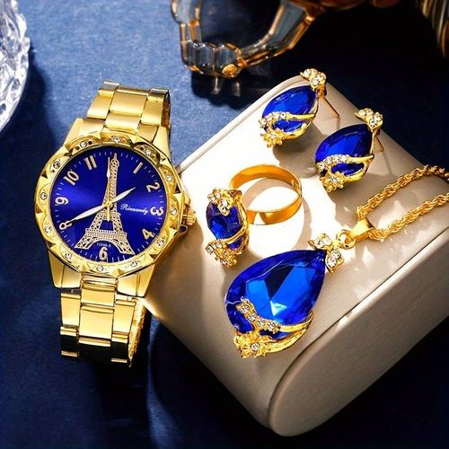 5pcs/Set Montre Tour Eiffel Quartz De Luxe Pour Femmes Et Ensemble De Bijoux Idéal Pour Cadeau