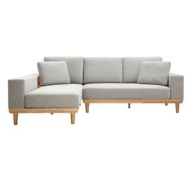 Canapé D'angle Gauche 5 Places Avec Rangements Tissu Effet Velours Texturé Gris Clair Et Bois Clair Komao