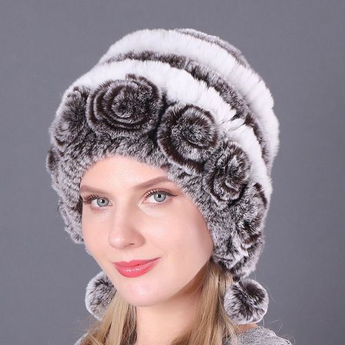Chapeaux Chauds En Peluche Pour Femmes, En Fourrure De Lapin Rex, Tricoté Au Crochet, Mélange De Couleurs, Fleur, Style Ethnique, Pour Prévenir Le Froid