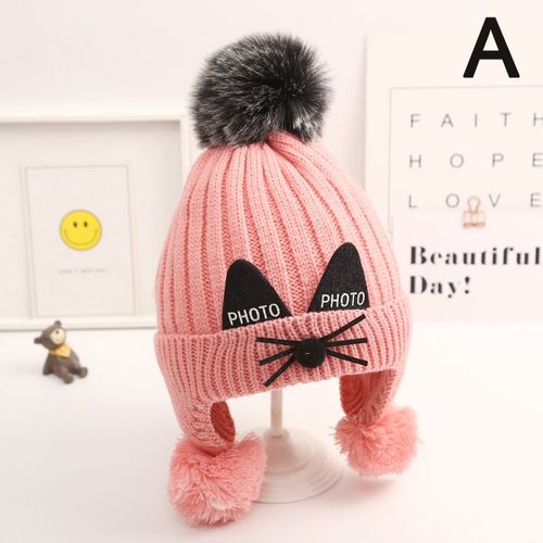 Chapeau Tricoté À La Mode Pour Bébé, 5 Couleurs, Automne Hiver, Chaud, Couleur Unie, Joli Design De Chat, Couvre-Oreilles Épais Et Doux