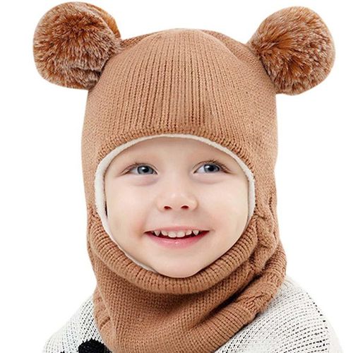 Bonnet D'hiver Chaud En Fourrure Naturelle Pour Garçon Et Fille, Bonnet Tricoté Pour Bébé, Double Pompon En Fausse Fourrure, Deux Pompons