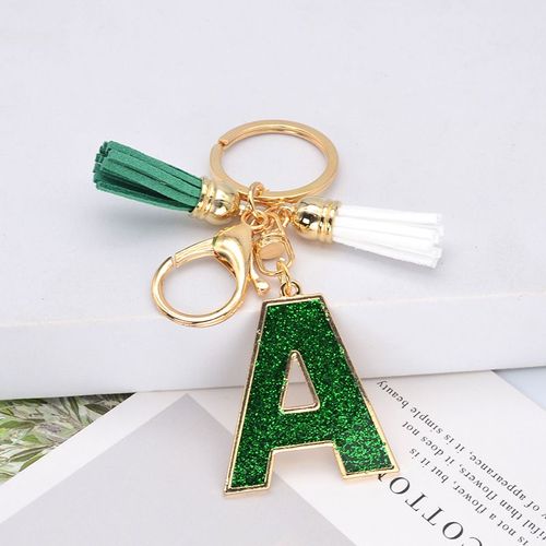 Porte-Clés Pompon Transparent Acrylique Vert Paillettes, Fermoir Homard Doré Lettres Initiales Sac À Main En Résine Pendentif