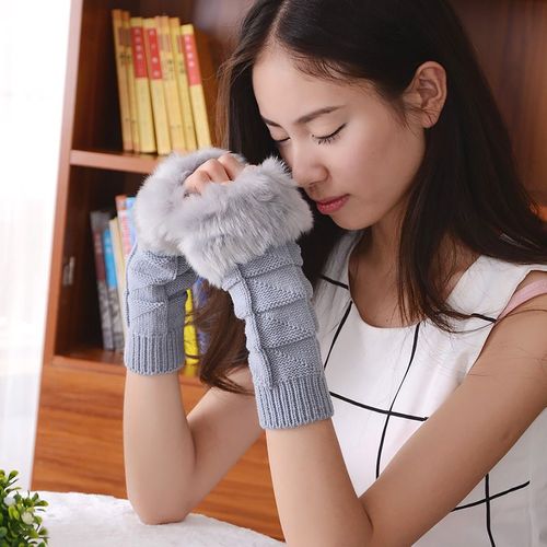 Gants Chauds Mi-Longs En Fausse Fourrure De Lapin Pour Femmes, Couleur Unie, Manches Mi-Longues, Manchettes, Hiver, Gants Tricotés En Laine Hautement Élastiques