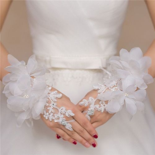 Gants De Mariage Sans Doigts En Dentelle Perlée Pour Fille, À La Mode, Motif Floral, Rouge, Blanc, Accessoires De Mariage