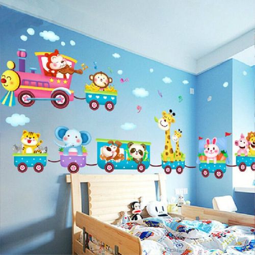 Autocollants Muraux Dessin Animé Animaux Train, Pour Chambre D'enfant, Pour Garçons