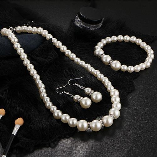 Ensemble De Bijoux Classiques En Perles Blanches Pour Femmes, Collier, Bracelet, Boucles D'oreilles, Mariage, Fête