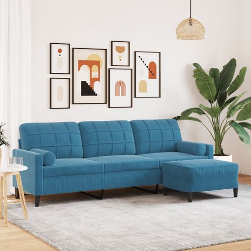 Vidaxl Canapé À 3 Places Avec Repose-Pieds Bleu 210 Cm Velours