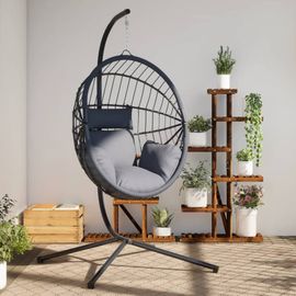 Vidaxl Chaise Suspendue En Forme D'?uf Et Support Gris Rotin Et Acier