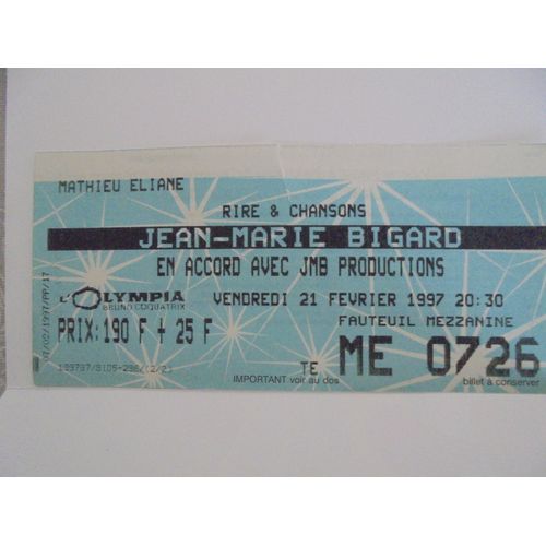 Ticket Spectacle Jean Marie Bigard Olympia 21/02/97