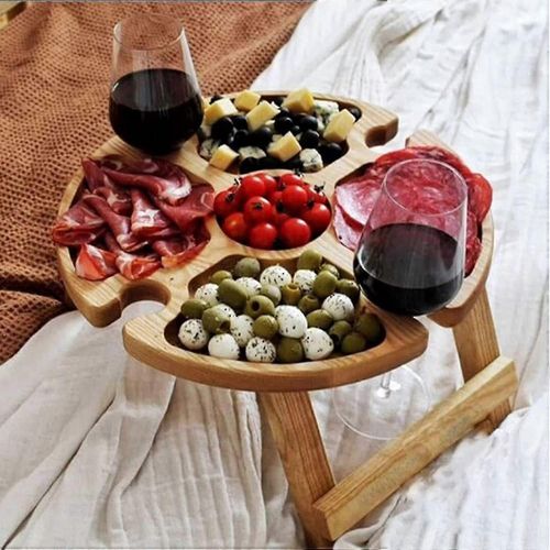 2021 Nouvelle table de pique-nique extrieure en bois pliante avec support en verre, tagre en verre  vin 2 en 1 et collation