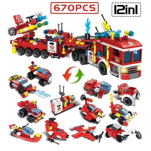 Kit De Blocs De Construction De Camions De Pompier Pour Enfants Ville Équipe De Pompiers Avion Hélicoptère Voiture Bateau Modèle De Briques Jouets De Gastronomie Cadeaux