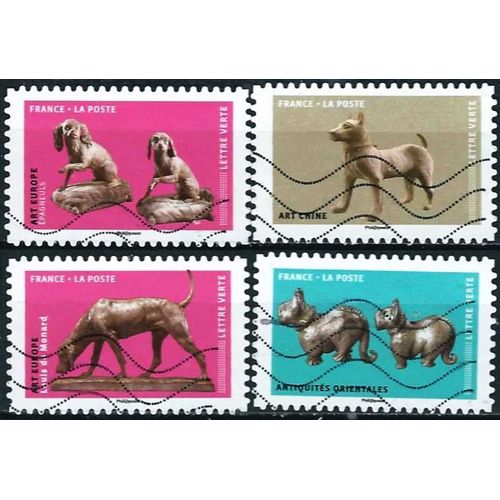 France 2018, Série Les Chiens Dans L'art, Beaux Timbres Yvert 1525 Et 1526, Europe, Épagneuls Et Louis De Monard, 1524 Antiquités Chinoises Et 1520 Antiquités Orientales, Obli. Tbe.
