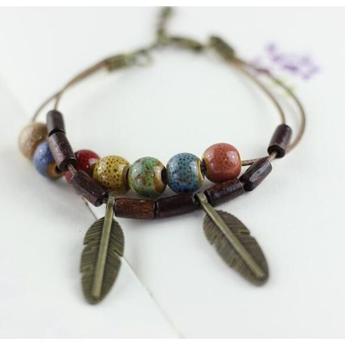 Bracelets De Perles En Céramique Colorées Pour Femmes Et Filles, Breloques En Forme De Feuille De Bronze Antique, Bijoux De Plage, Style Boho, Chaîne De Perles En Céramique Faites À La Main