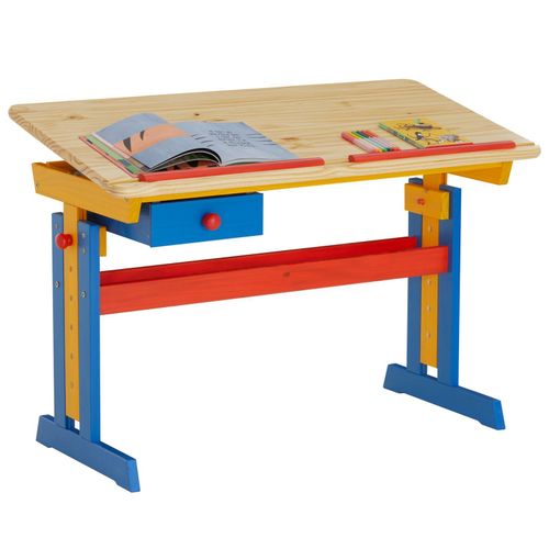 Bureau Enfant Écolier Junior Flexi Table À Dessin Réglable En Hauteur Et Pupitre Inclinable Avec 1 Tiroir En Pin Lasuré Multicolore