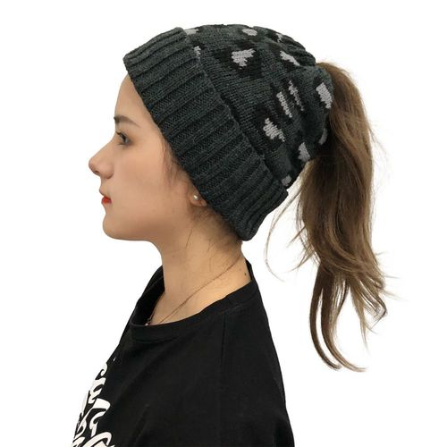 Bonnet Tricoté Pour Femme Et Fille, 1 Pièce, Extensible, Imprimé Léopard, Salissant, Queue De Cheval, Chaud