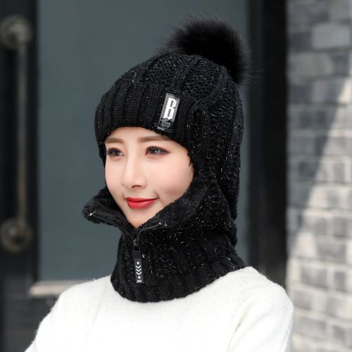 Chapeau De Ski En Molleton De Corail Tricoté Pour Femme, Masque Intégral, Écharpe, Cyclisme En Plein Air, Chaud, Épais, Cagoule, Chapeaux À Pompon