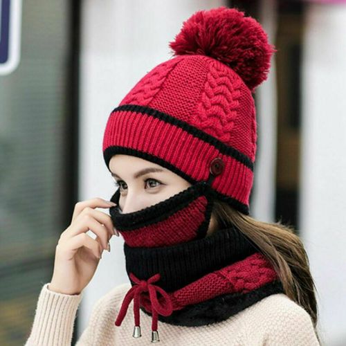 Chapeau Tricoté En Laine Épaisse Pour Femme, Ensemble De 3 Pièces, Avec Masque Chaud Et Écharpe De Cou, À La Mode, Hiver