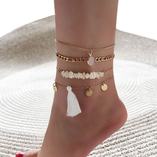 Bracelets De Cheville En Pierre Blanche Pour Femmes, Bijoux De Plage Avec Pompon, Couleur Or, Pieds Nus, 2022