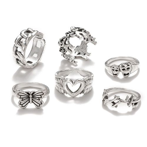 Ensemble De Bagues D'ange Pour Femmes, 6 Pièces, Vintage, Plaqué Argent, Punk Gothique, Steampunk, Papillon, C¿Ur, Chaîne, Crâne, Ensembles De Bagues, Bijoux De Fête
