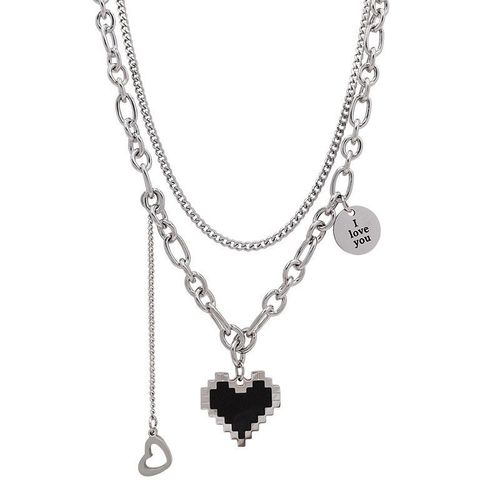 Collier Avec Pendentif En Forme De C¿Ur Et De Pixel Pour Femmes, Mosaïque Noire, Double Couche, Style Punk Harajuku, Bijoux Asymétriques À La Mode