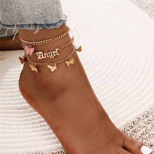 Ensemble De Bracelets De Cheville Pour Femmes, Style Bohème, Rose, Papillon, Pendentif Avec Lettres D'ange, Chaîne Sur Les Jambes, Bijoux De Plage