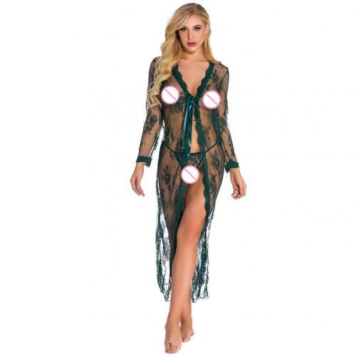 Ensemble De Vêtements De Nuit Érotiques En Dentelle Pour Femmes, Chemise De Nuit Transparente À Manches Longues, String