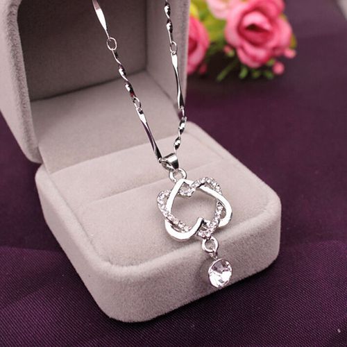Collier Avec Pendentif Double C¿Ur En Strass Argenté Pour Femmes, Chaîne À La Mode, Bijoux
