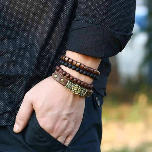 Bracelet En Faux Cuir Avec Perles En Bois Pour Hommes, Bijoux Vintage, Corde Réglable, 4 Pièces/Ensemble