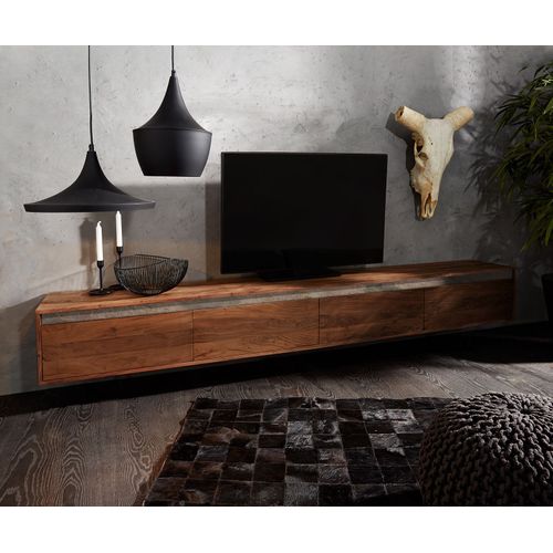 Meuble-Tv Stonegrace Acacia Marron Ardoise 240 Cm 4 Portes Flottantes Lowboard