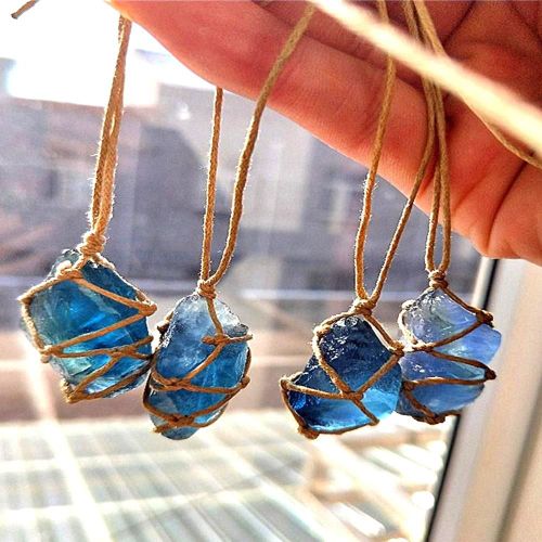 Pendentif En Pierre Fluorite De Quartz Naturelle, Corde Irrégulière Tricotée À La Main, Pendentif Suspendu, Ornement De Maison Pour Cadeau De Personnalité Unisexe