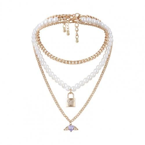 Collier Avec Pendentif En Forme D'aile D'ange Violet, Serrure Papillon, Bijoux À La Mode Pour Femme, Imitation De Perle, Épaisseur De Chaîne Multicouche