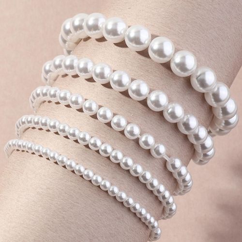 Bracelet Multicouches En Plastique Pour Femmes, 5 Pièces, Bijoux Extensibles, Fausses Perles, Cadeau De Mariage