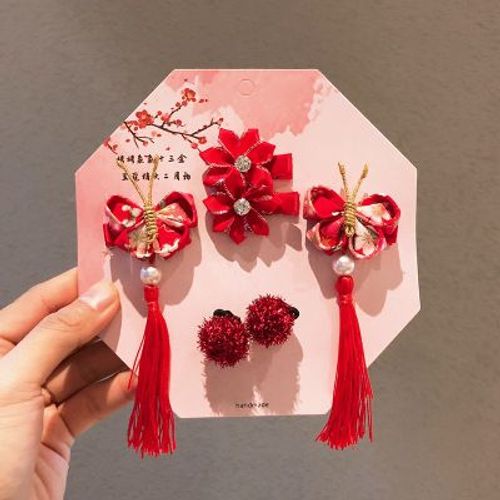 Ensemble De Couvre-Chef De Vacances Pour Enfants, Nouvel An Chinois, Épingle À Cheveux, Pompon, Boule De Cheveux, Anneau
