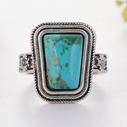Bague Trapézoïdale Verte Vintage Pour Femmes, Anneau Classique Avec Fleur Sculptée, Couleur Argent, Cadeaux De Fête Pour Hommes, Z3j436