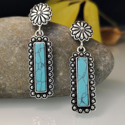 Boucles D'oreilles Vintage En Métal, Bleu Marine, Pierre Géométrique, Boho Indien Tribal, Pour Femmes, Suspendues, Nouveau, Z3y110, 2019