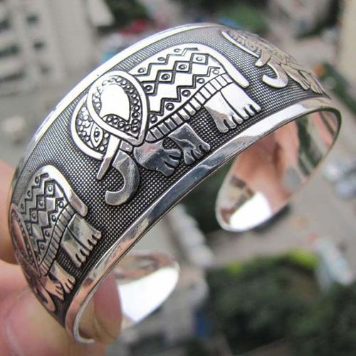Bracelet Manchette Vintage Tibétain Plaqué Argent Avec Éléphant Sculpté, Bijoux Indiens Ajustables, Cadeau Pour Femmes