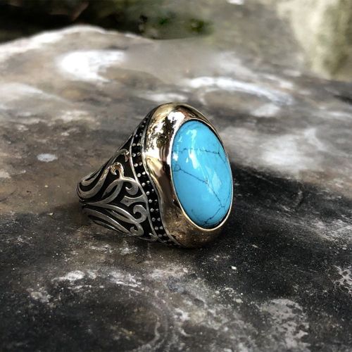 Bague De Mariage En Pierre Turquoise Naturelle, Vintage, Ovale, Rétro, Couleur Or Argent, Perle Bleue, Pour Femmes, Bijoux Turcs Punk