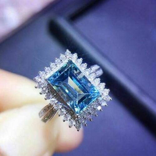 Bague En Aigue-Marine Rectangulaire Pour Femmes, Anneau De Luxe En Pierre De Zircone Cubique Bleu Vif, Bijoux De Fête, 8x12mm